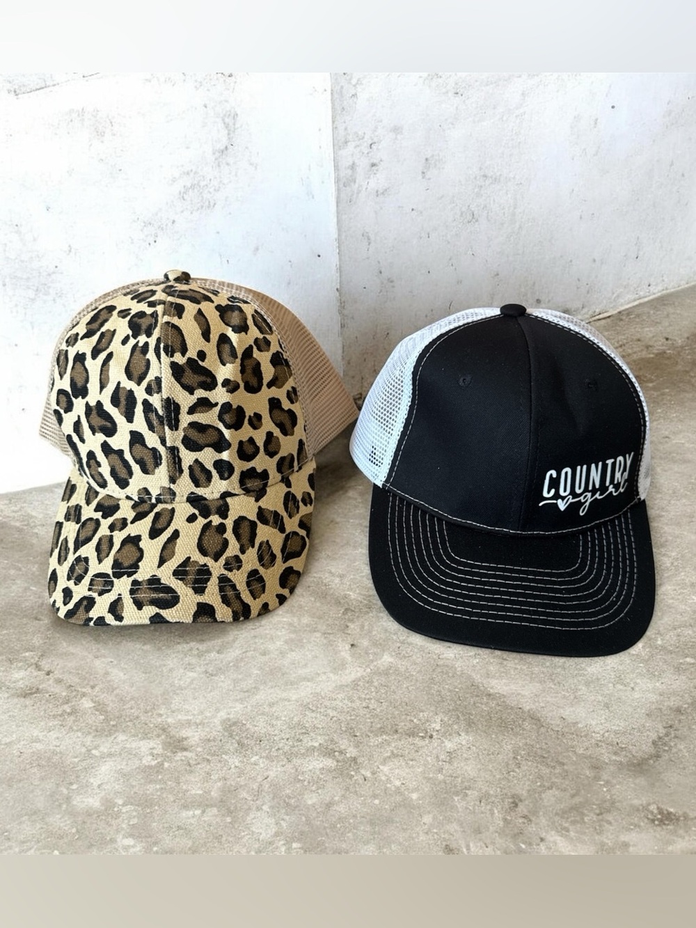 Leopard Print Trucker Hat and Black 'Country Girl' Cap Set of 2